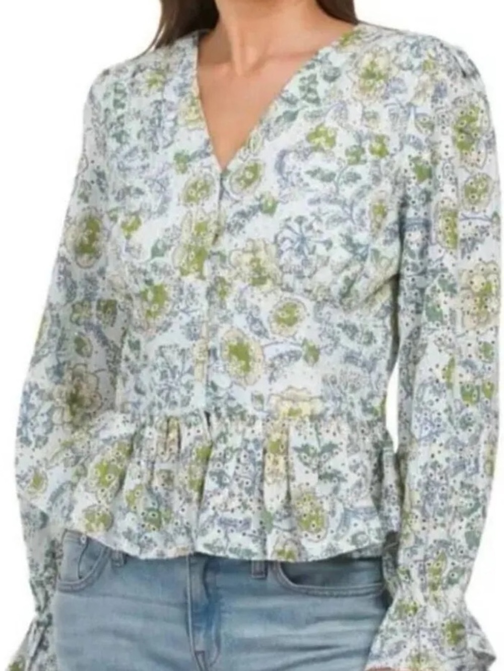 7 For All Mankind Floral Eyelet Peplum Blouse NWT Puff Sleeve Romantic S